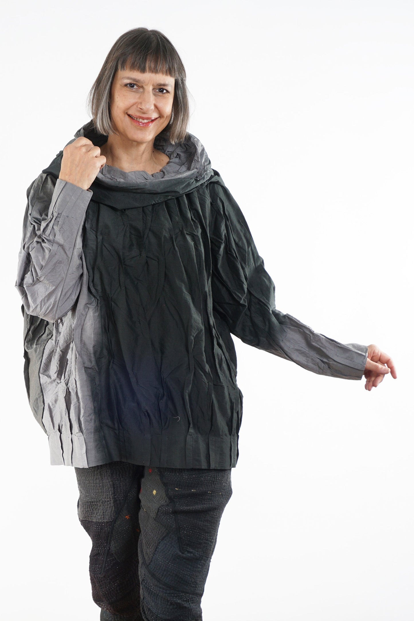 DYED COTTON SILK HEAVY VOILE WAVY TUCK RAGLAN TOP