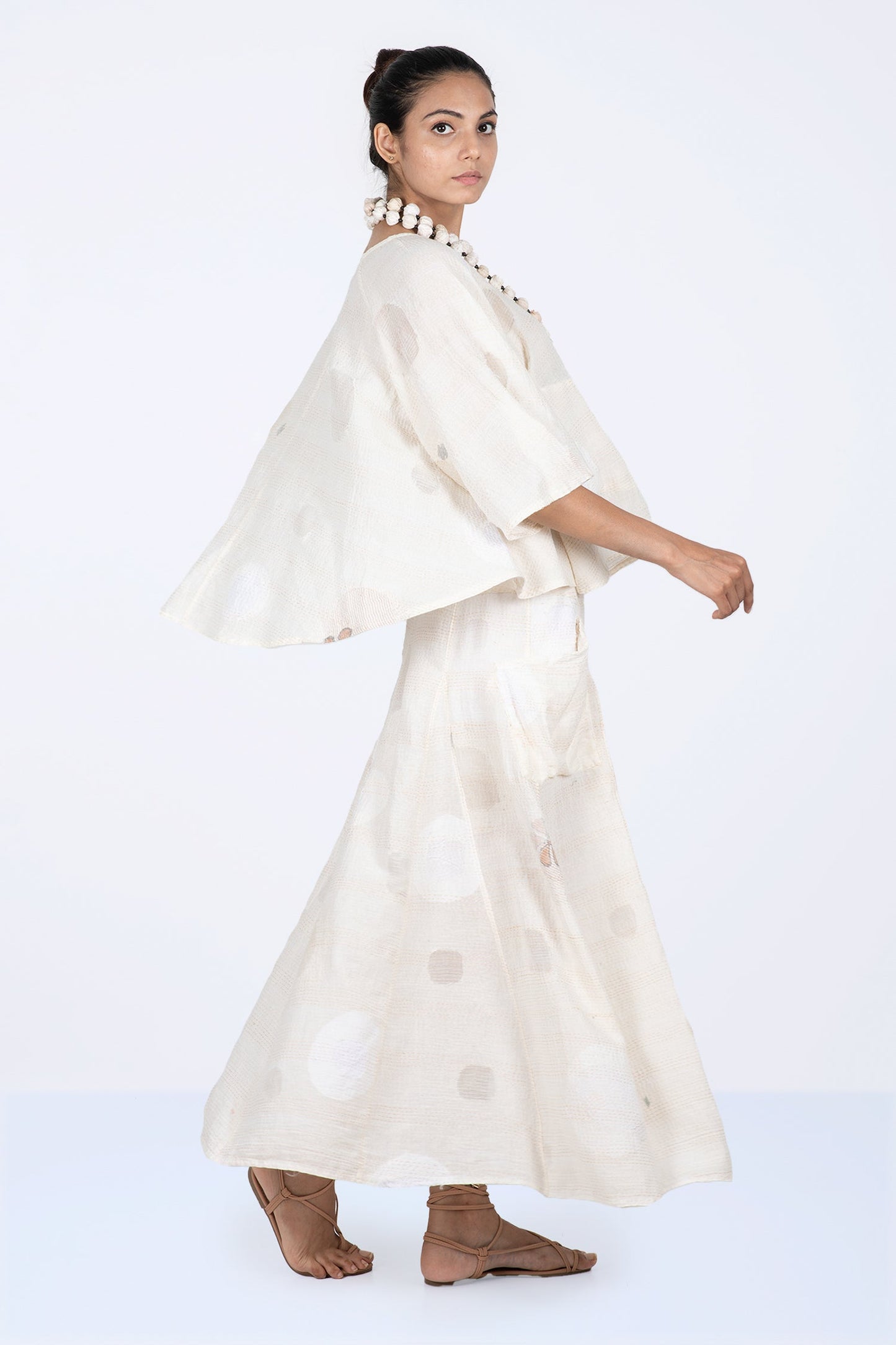 CUT THROUGH DOT AND HOLES KANTHA PANELED FLARE SKIRT
