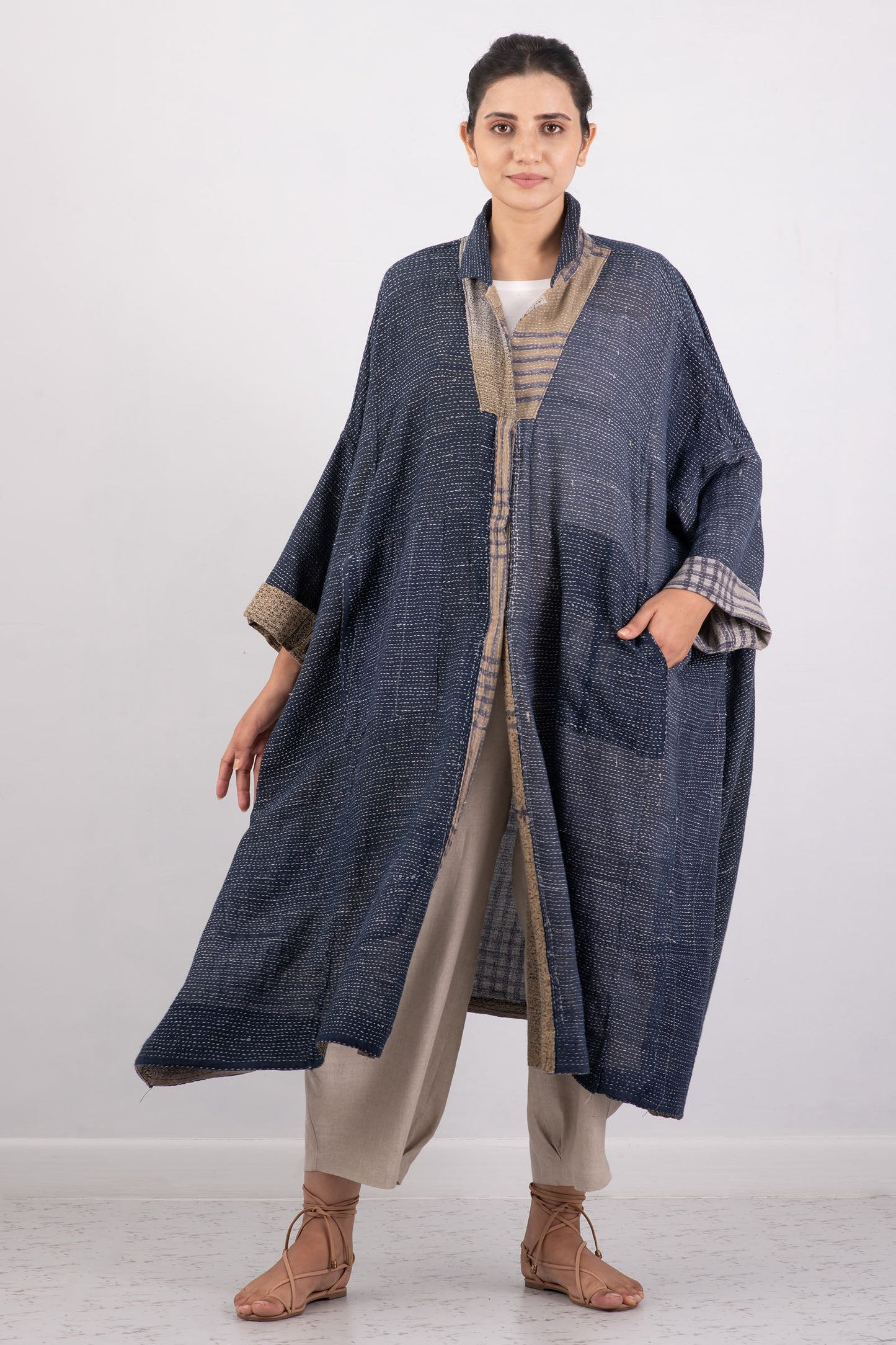 INDONESIAN PRINT VINTAGE INDIGO BACKING KANTHA OVERSIZE DRESS