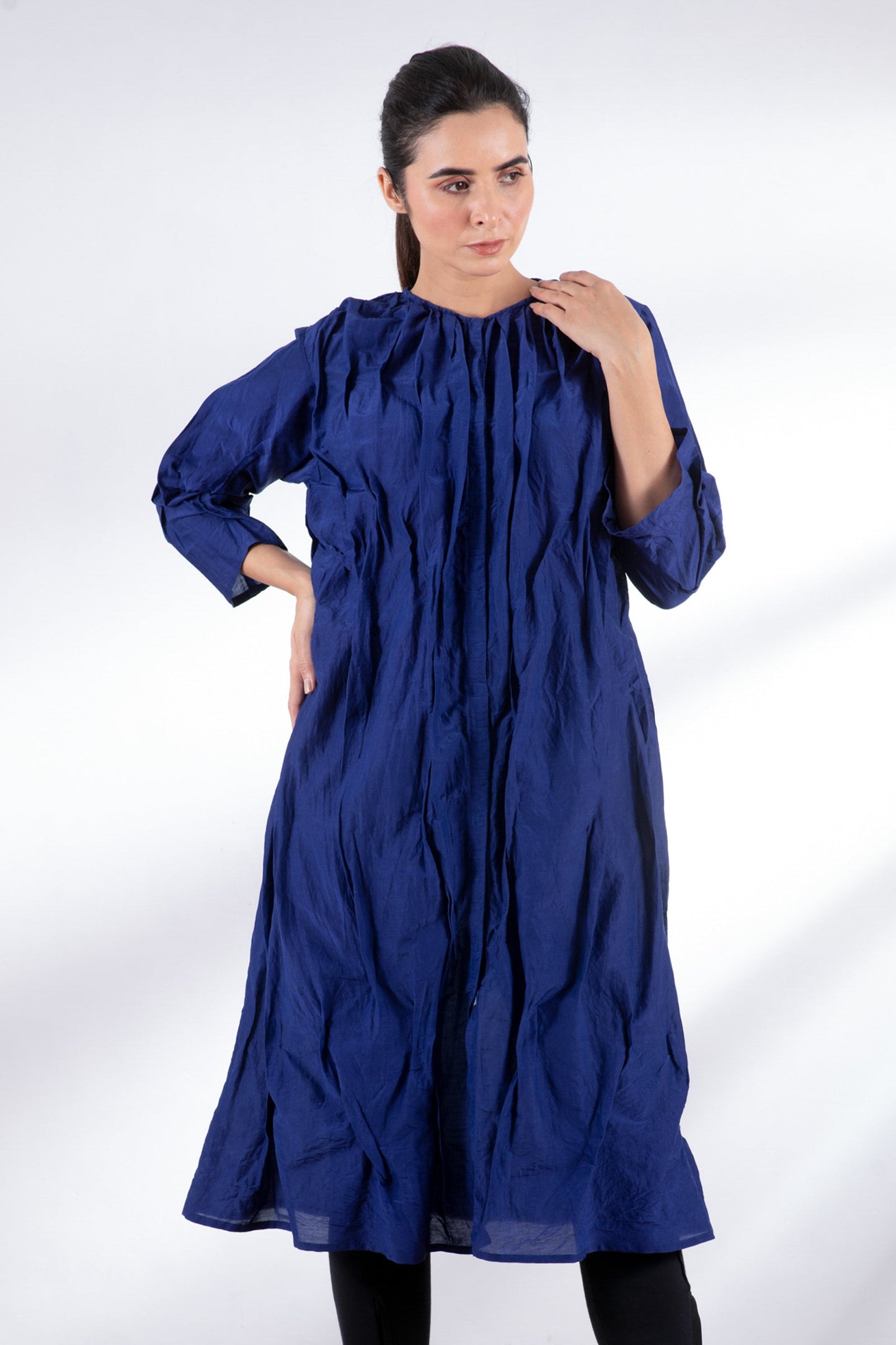 DYED COTTON SILK VOILE WAVY TUCK CROPPED SLV. DRESS