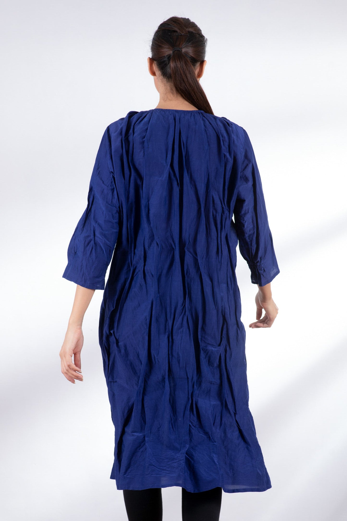 DYED COTTON SILK VOILE WAVY TUCK CROPPED SLV. DRESS