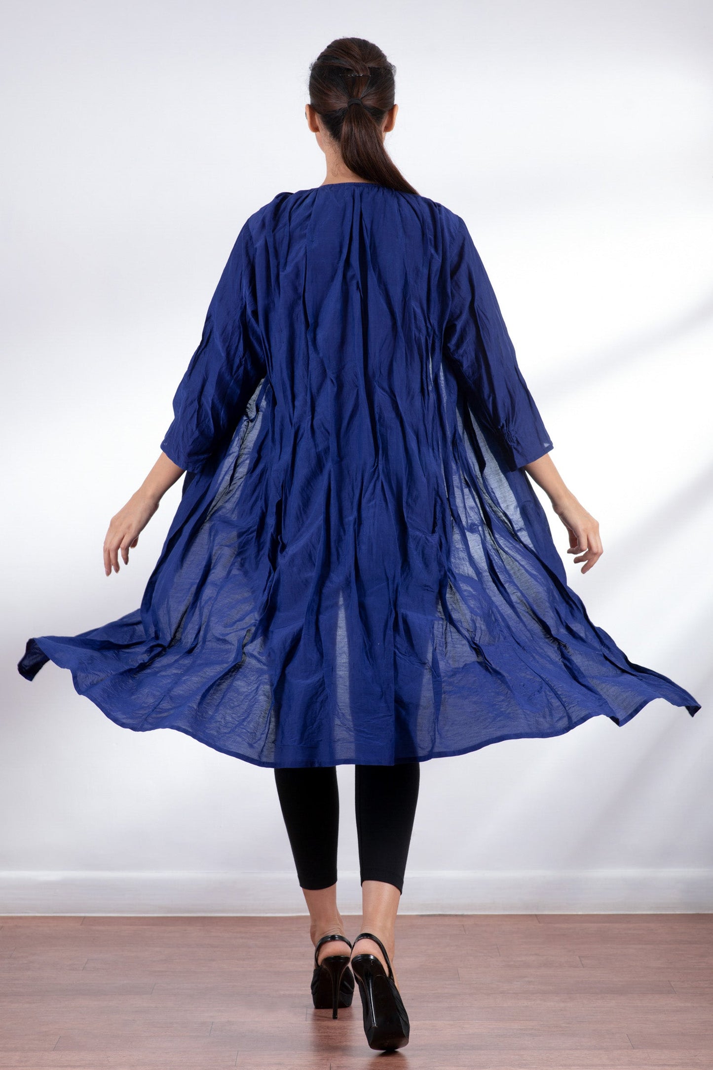 DYED COTTON SILK VOILE WAVY TUCK CROPPED SLV. DRESS