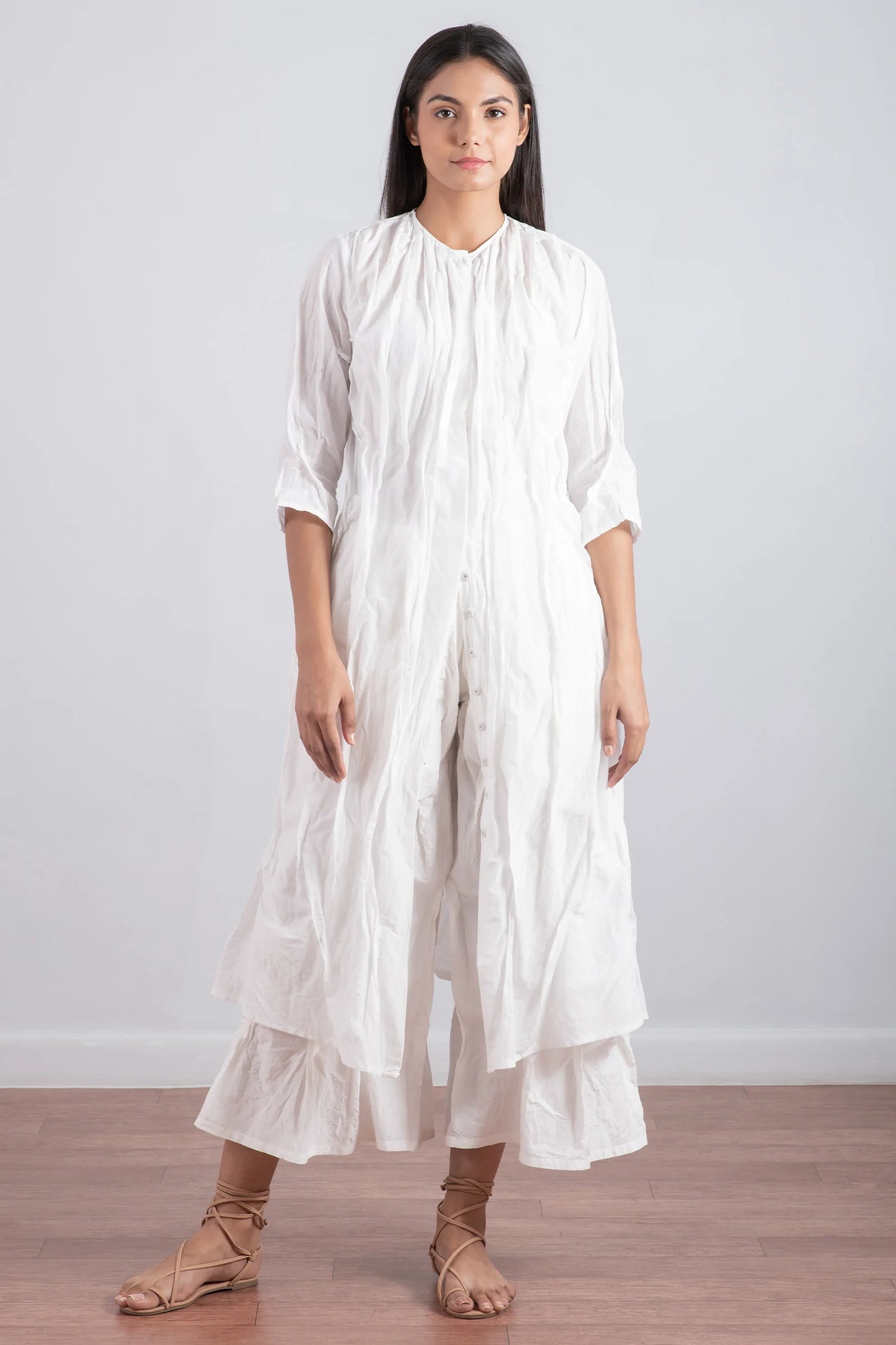 DYED COTTON SILK VOILE WAVY KANTHA TUCK CROPED SLV. DRESS