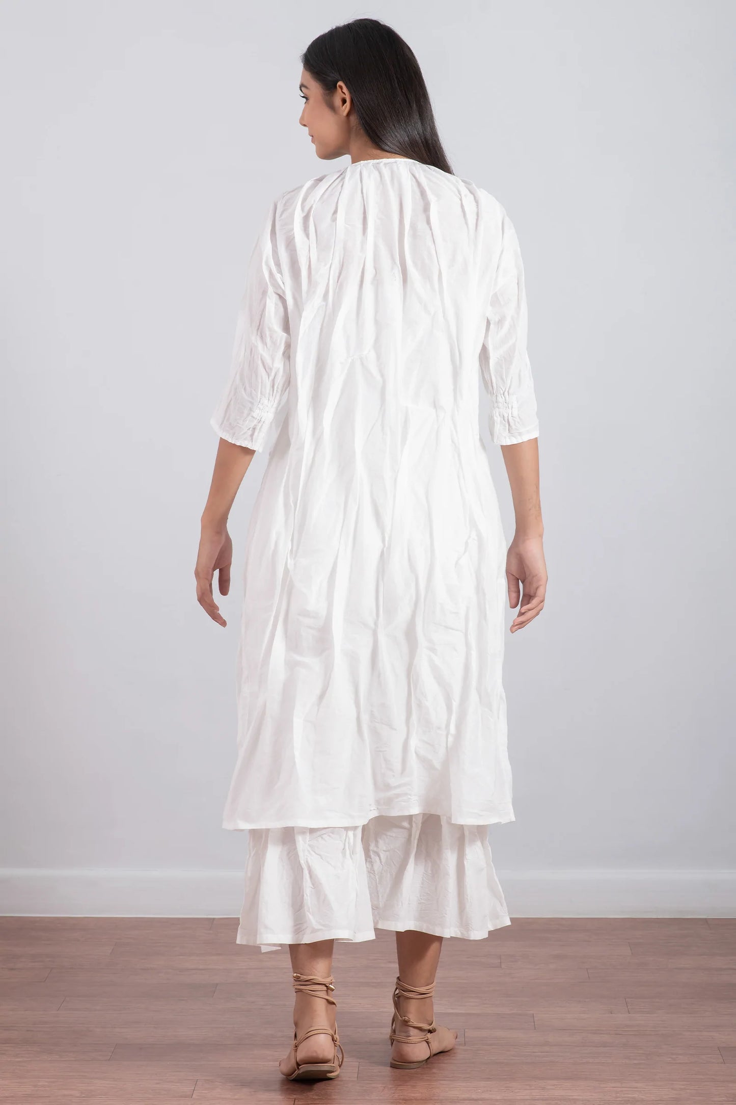 DYED COTTON SILK VOILE WAVY KANTHA TUCK CROPED SLV. DRESS
