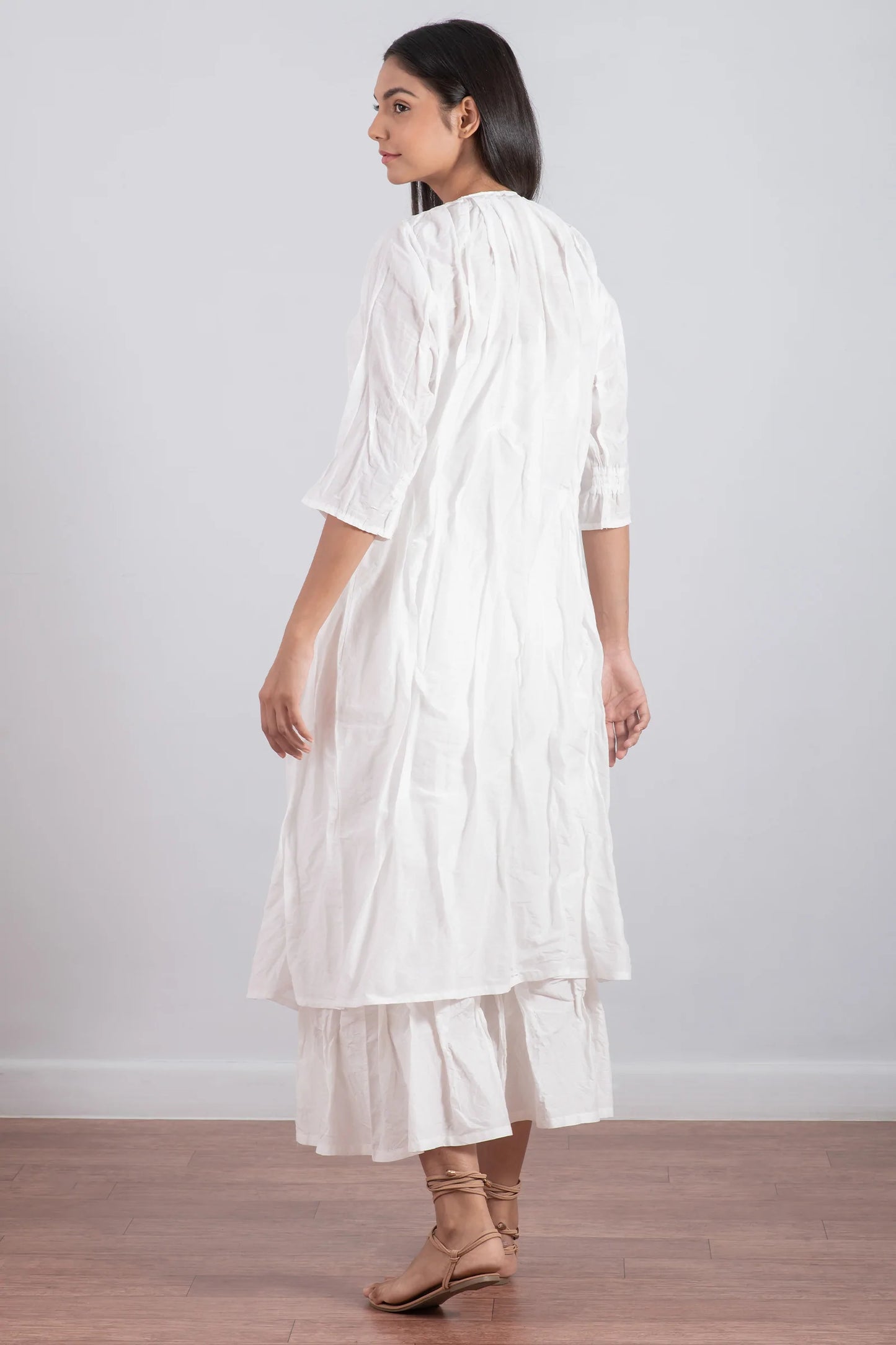 DYED COTTON SILK VOILE WAVY KANTHA TUCK CROPED SLV. DRESS