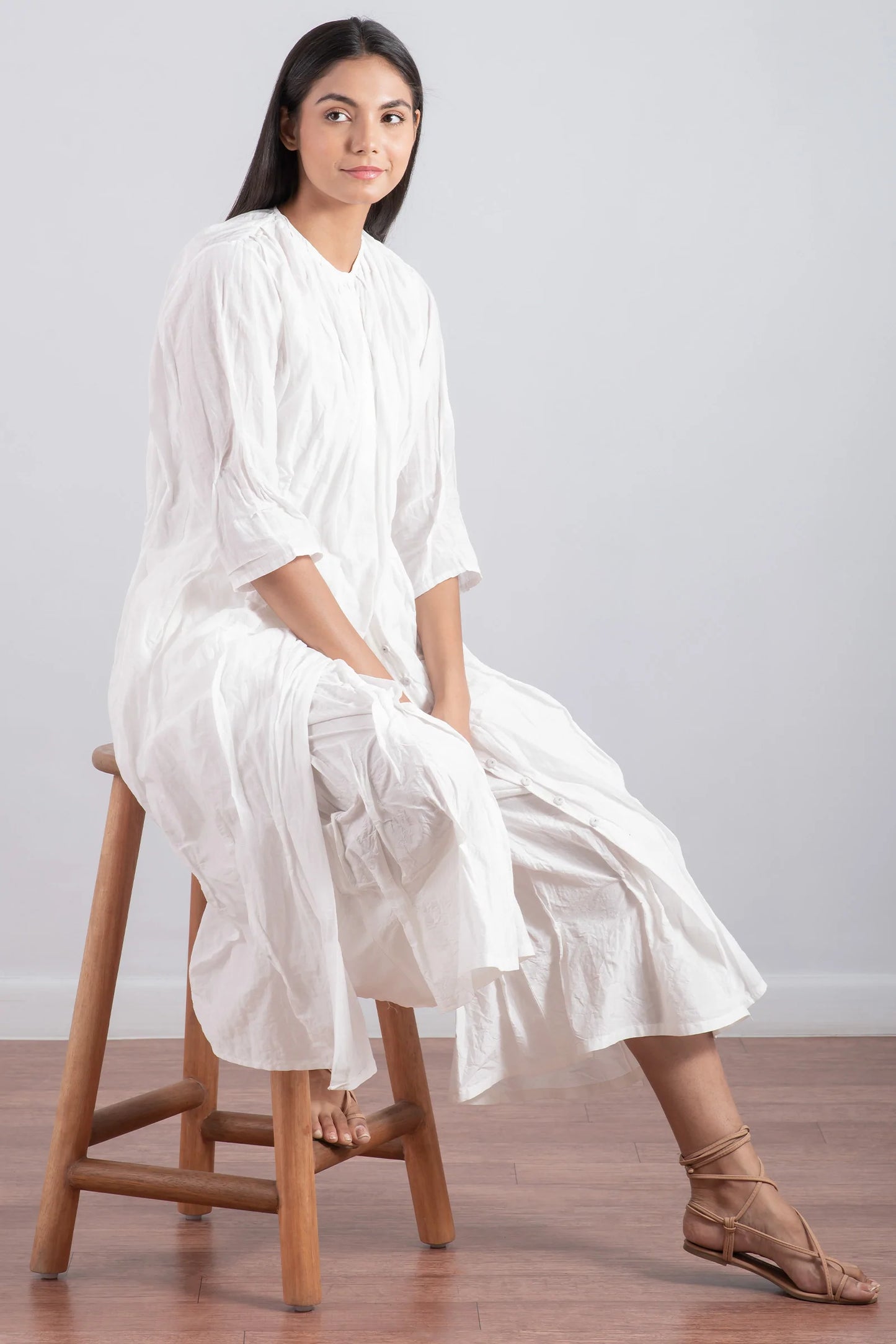 DYED COTTON SILK VOILE WAVY KANTHA TUCK CROPED SLV. DRESS