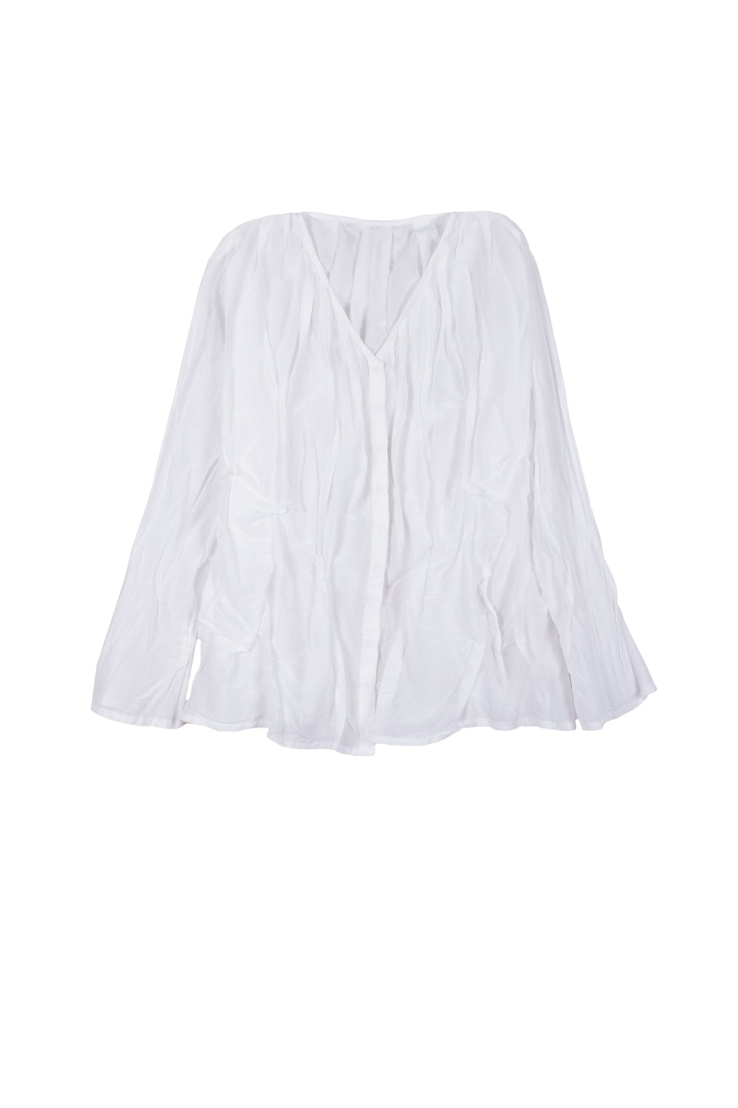 DYED COTTON SILK VOILE WAVY KANTHA V-NECK TUCKED BLOUSE
