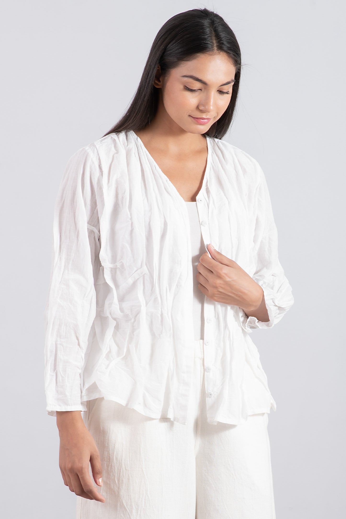 DYED COTTON SILK VOILE WAVY KANTHA V-NECK TUCKED BLOUSE