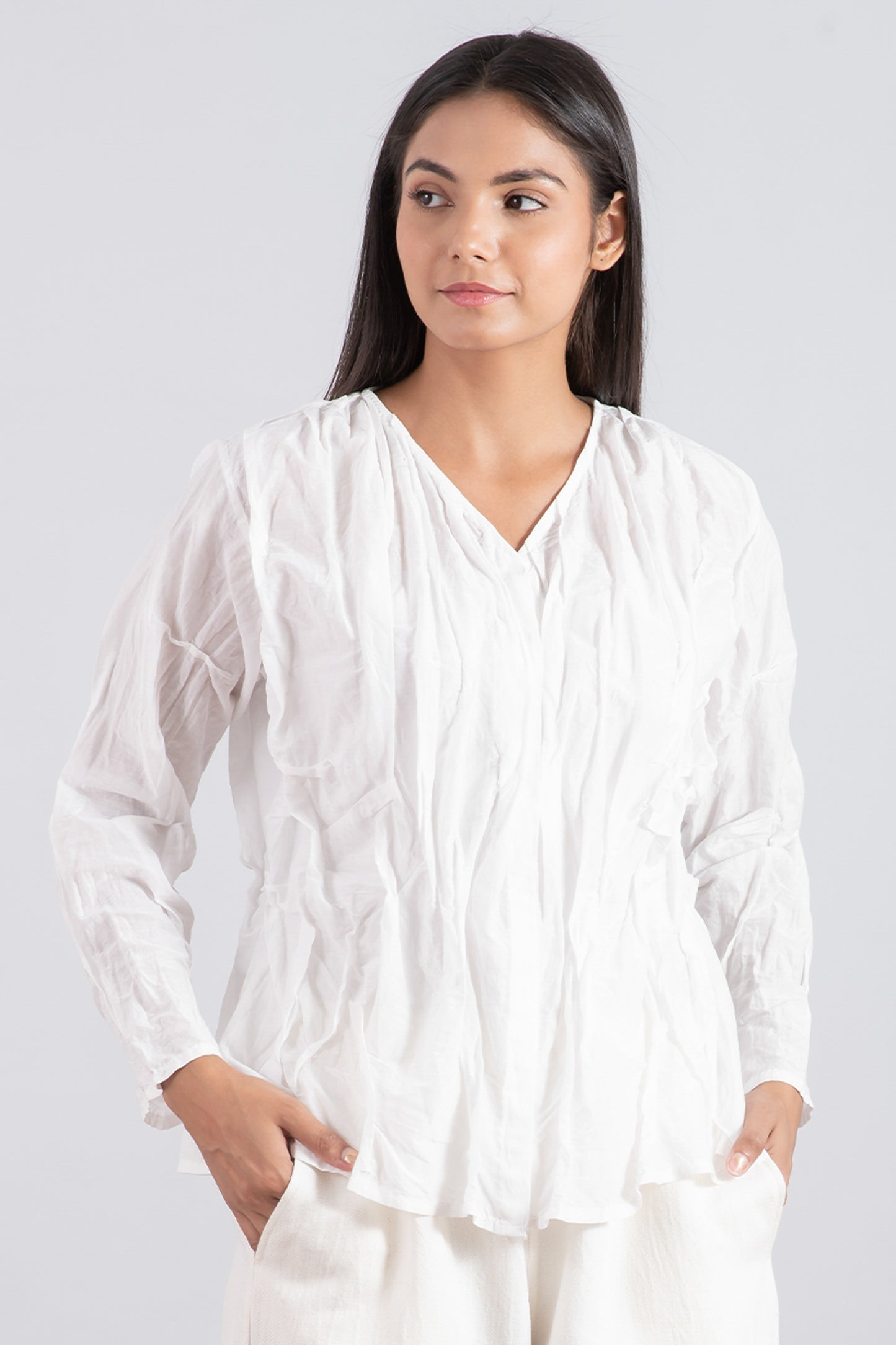 DYED COTTON SILK VOILE WAVY KANTHA V-NECK TUCKED BLOUSE