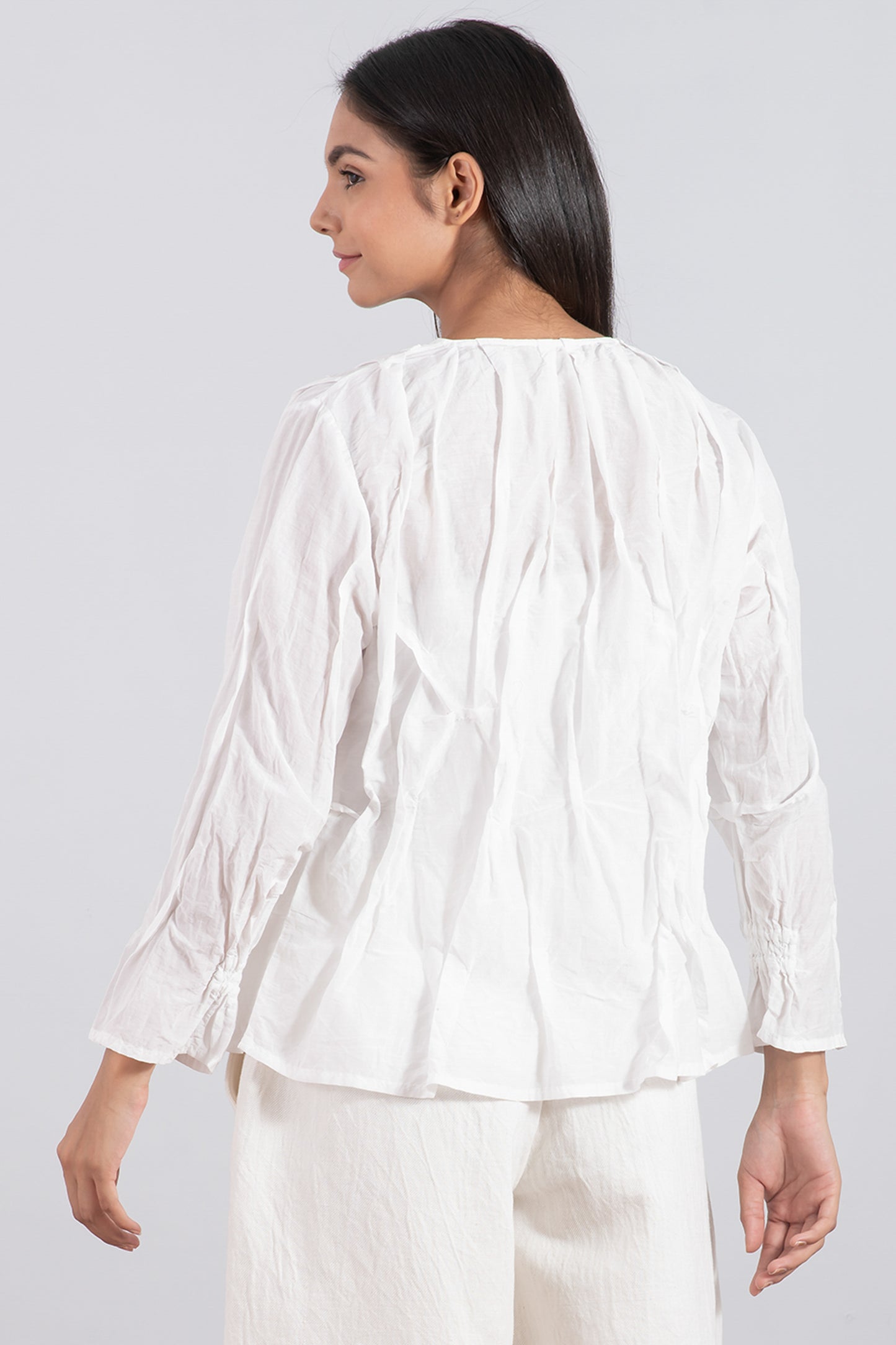 DYED COTTON SILK VOILE WAVY KANTHA V-NECK TUCKED BLOUSE