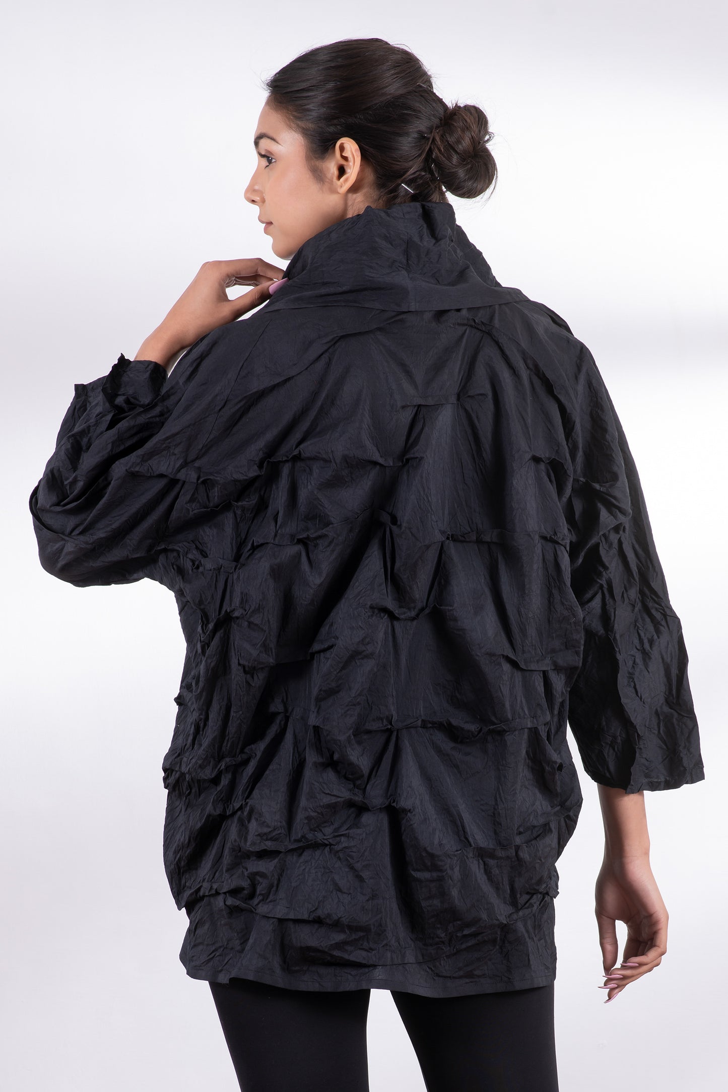 DYED COTTON SILK HEAVY VOILE WAVY KANTHA TUCK COCOON JACKET