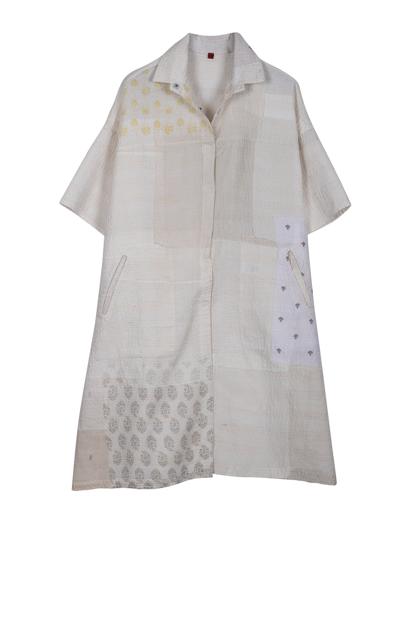 FRAYED PATCH KANTHA HALF SLV. SHIRT DRESS