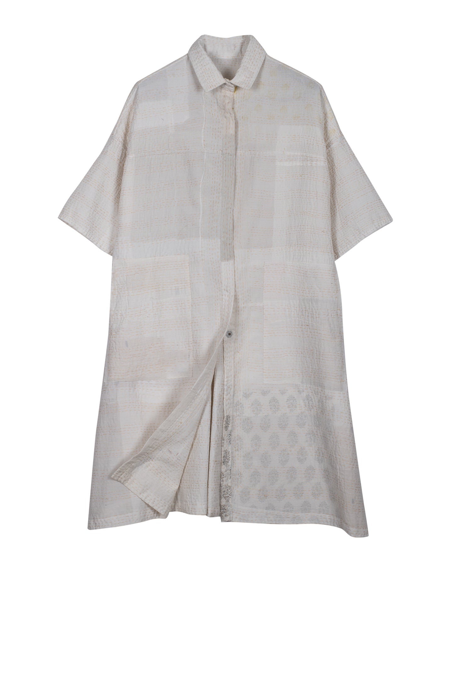 FRAYED PATCH KANTHA HALF SLV. SHIRT DRESS