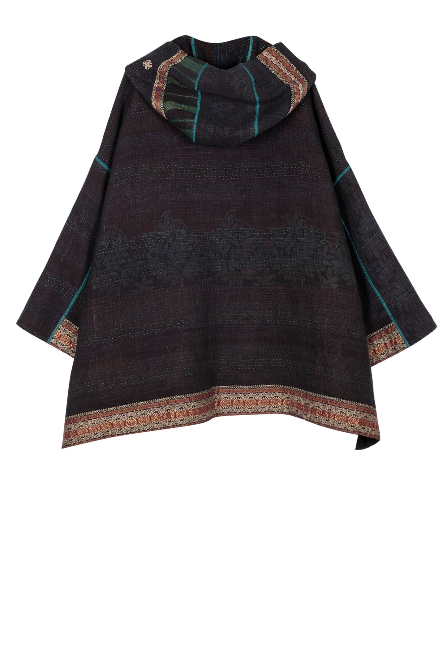 WOVEN VINTAGE COTTON KANTHA HOODIE PONCHO