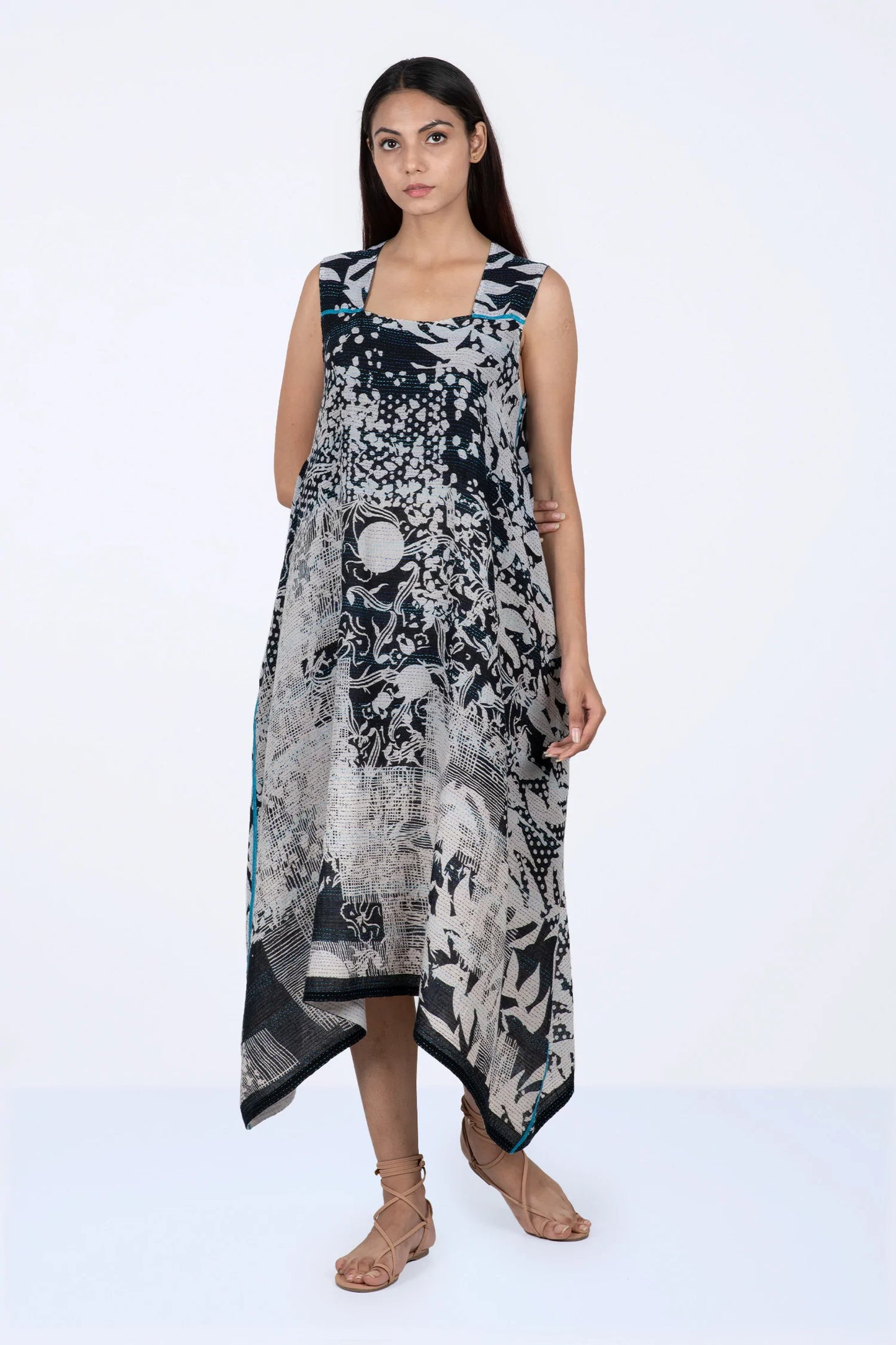 MONOTONE TWILIGHT PRINT KANTHA TENT DRESS