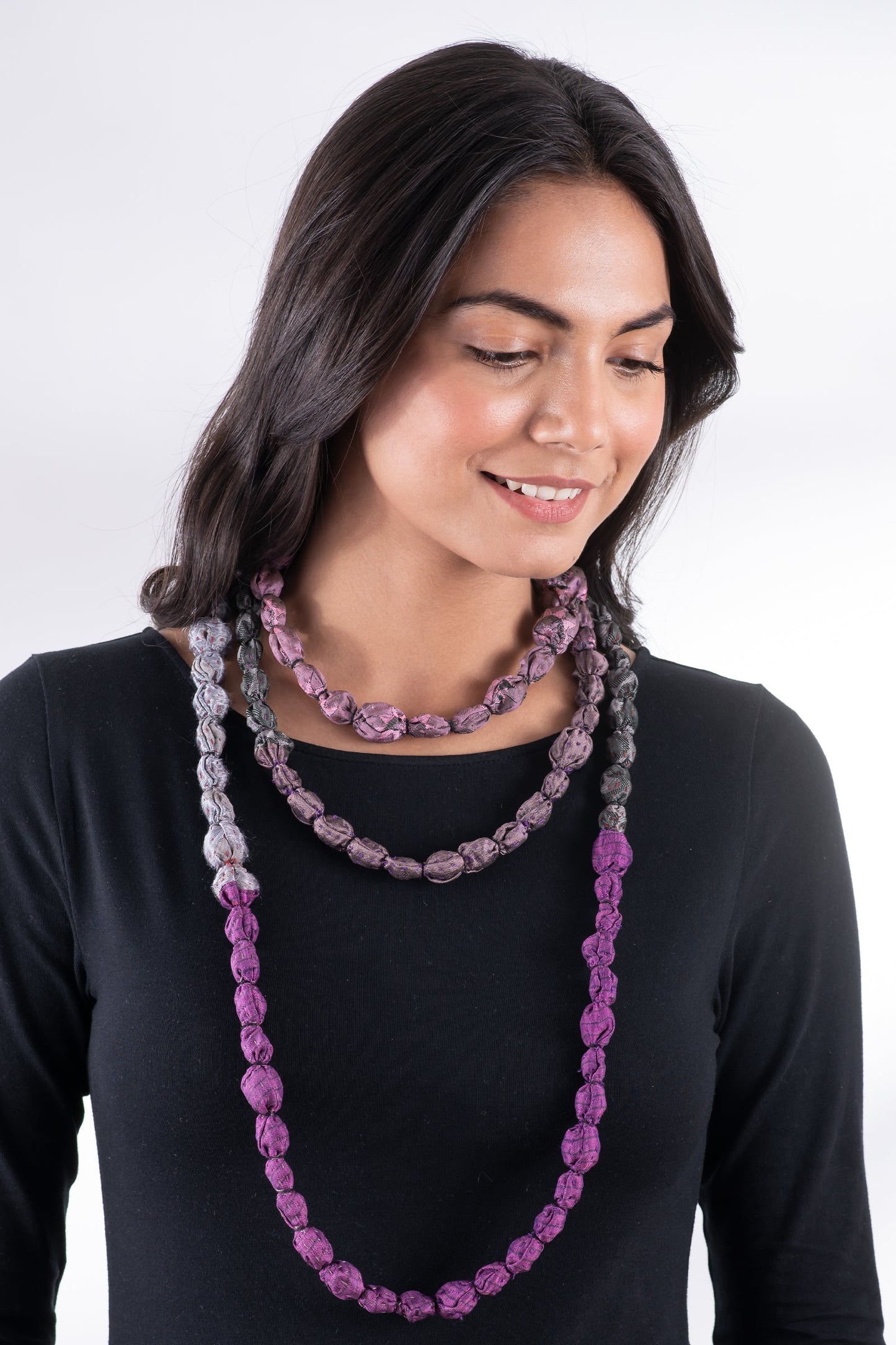 JACQUARD SILK KANTHA TIE-BEADS LONG NECKLACE