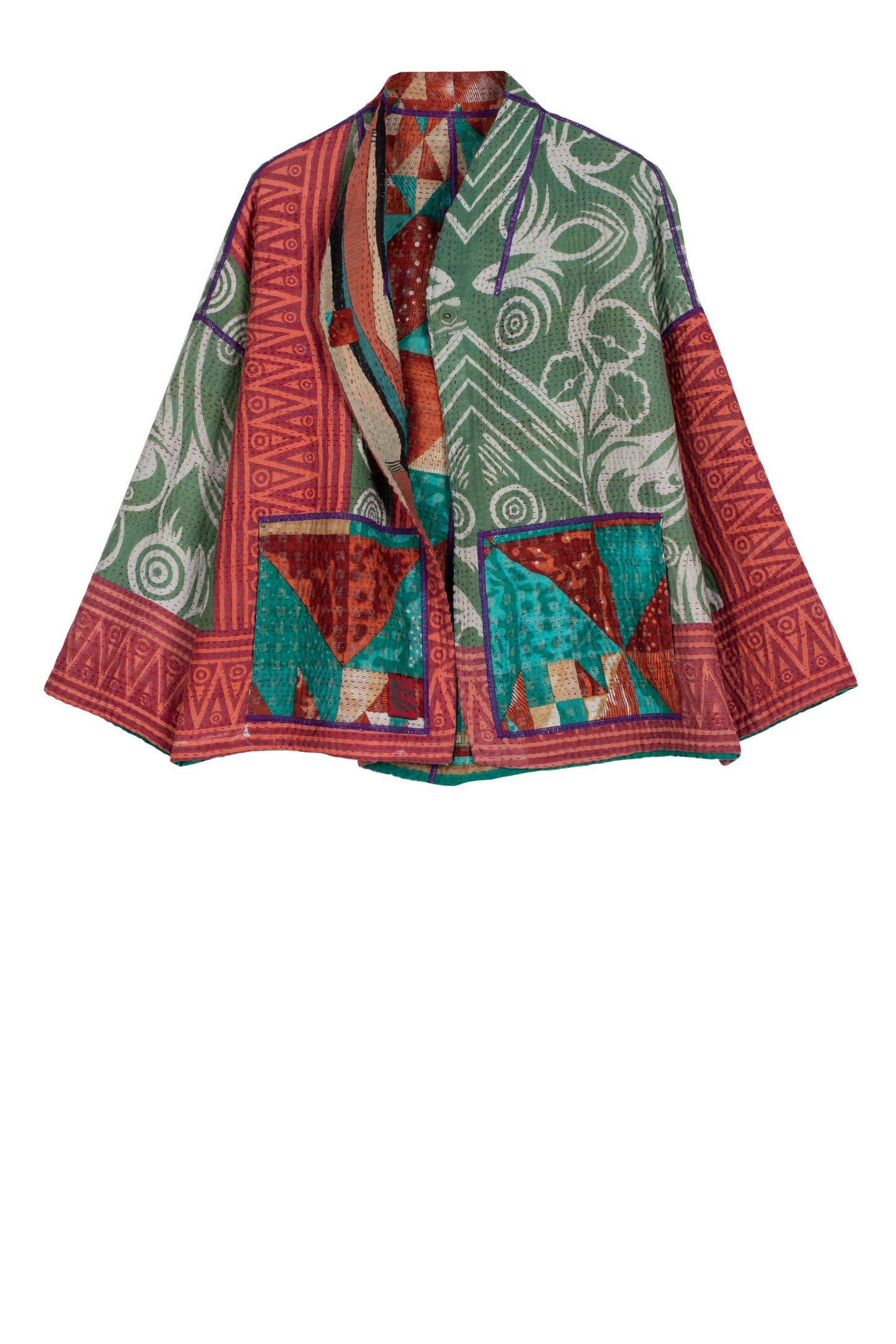 VINTAGE COTTON KANTHA STAND COLLAR CROPPED JACKET