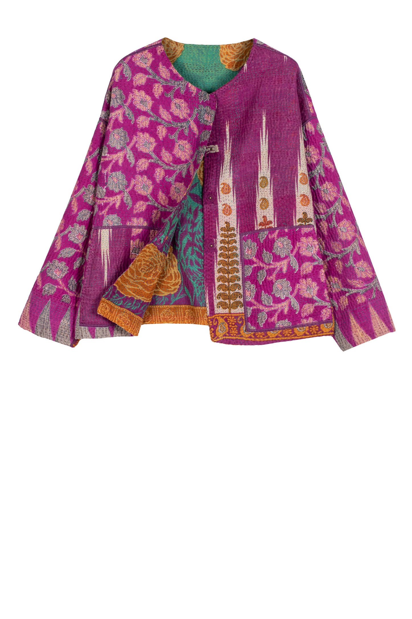 VINTAGE COTTON KANTHA CREW NECK SHORT JACKET