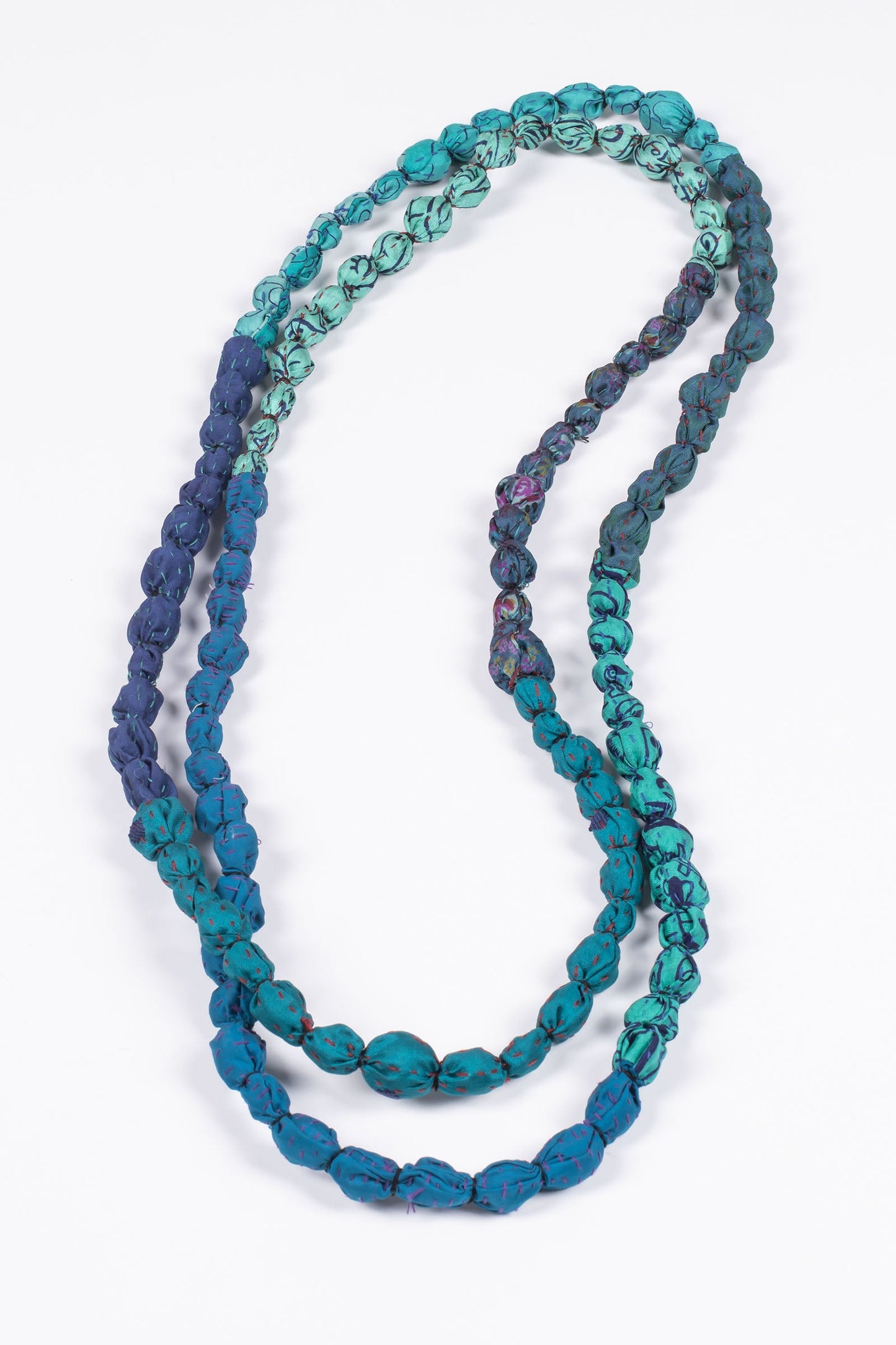 VINTAGE SILK KANTHA TIE BEADS LONG NECKLACE