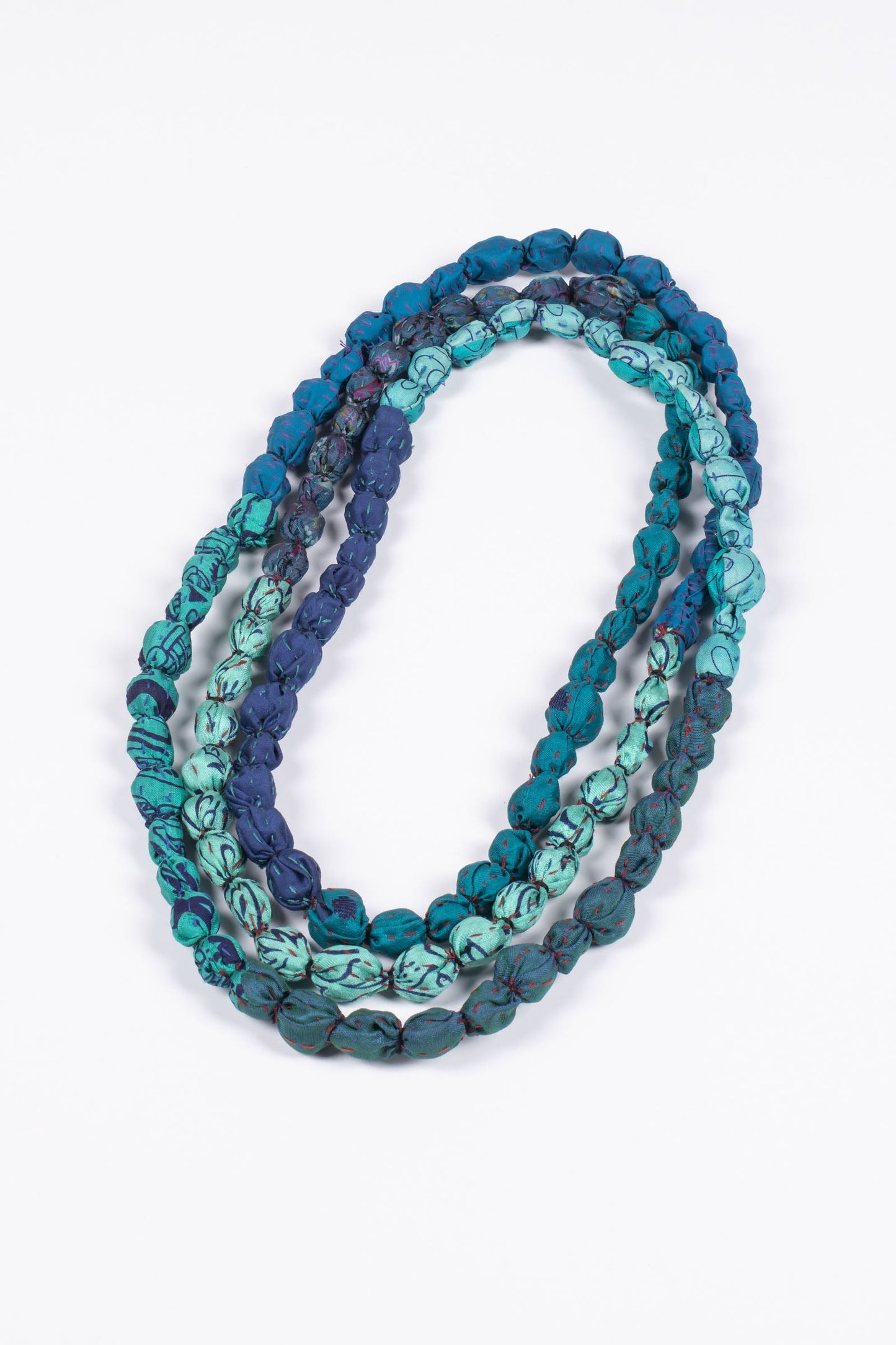 VINTAGE SILK KANTHA TIE BEADS LONG NECKLACE