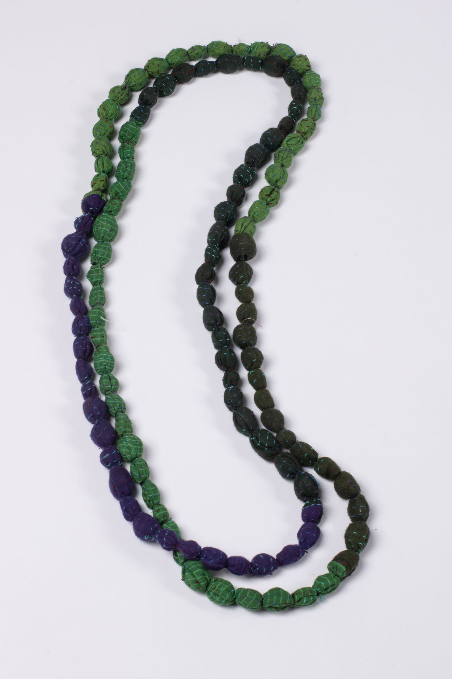 VINTAGE SILK KANTHA TIE BEADS LONG NECKLACE