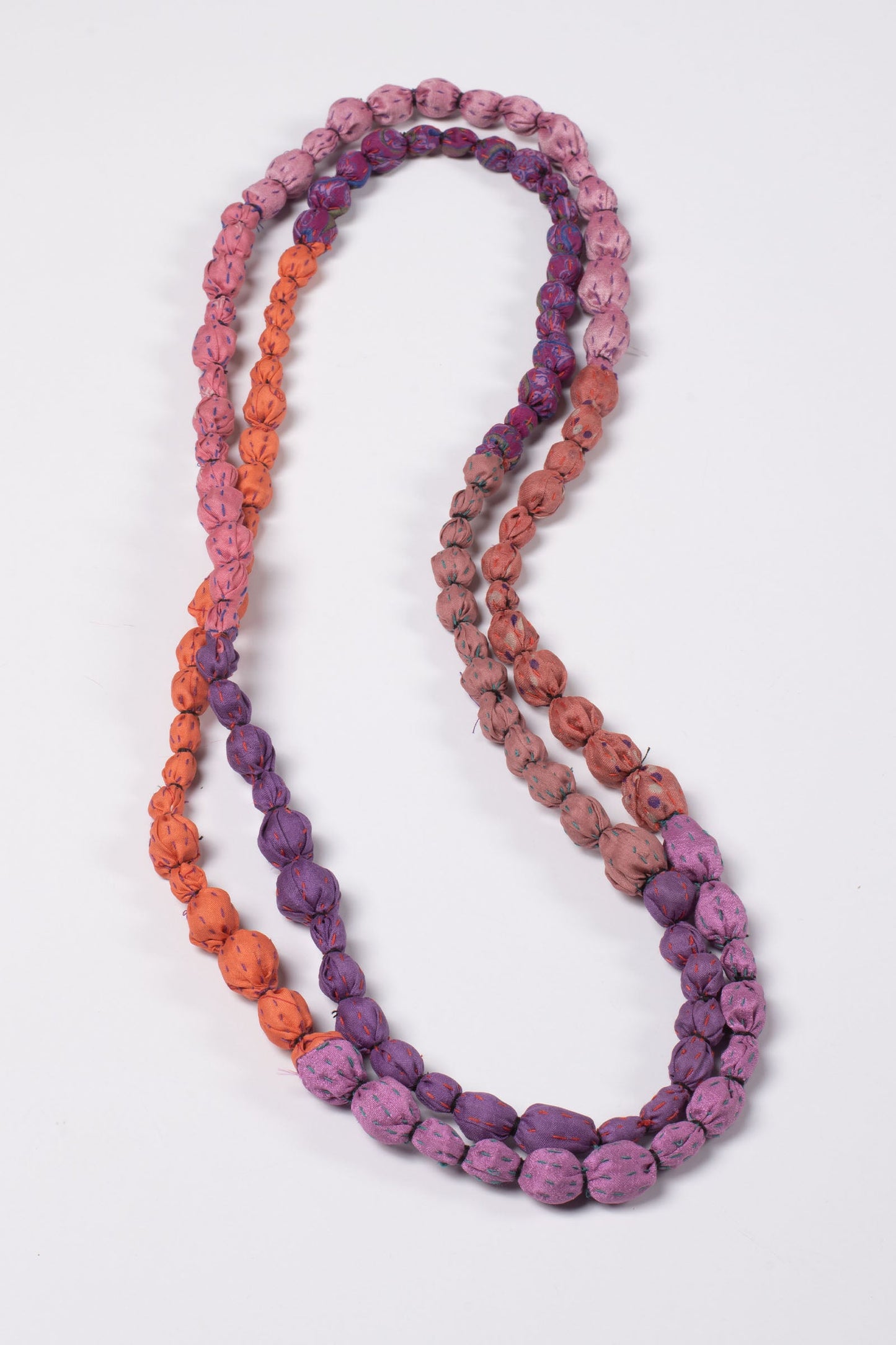 VINTAGE SILK KANTHA TIE BEADS LONG NECKLACE