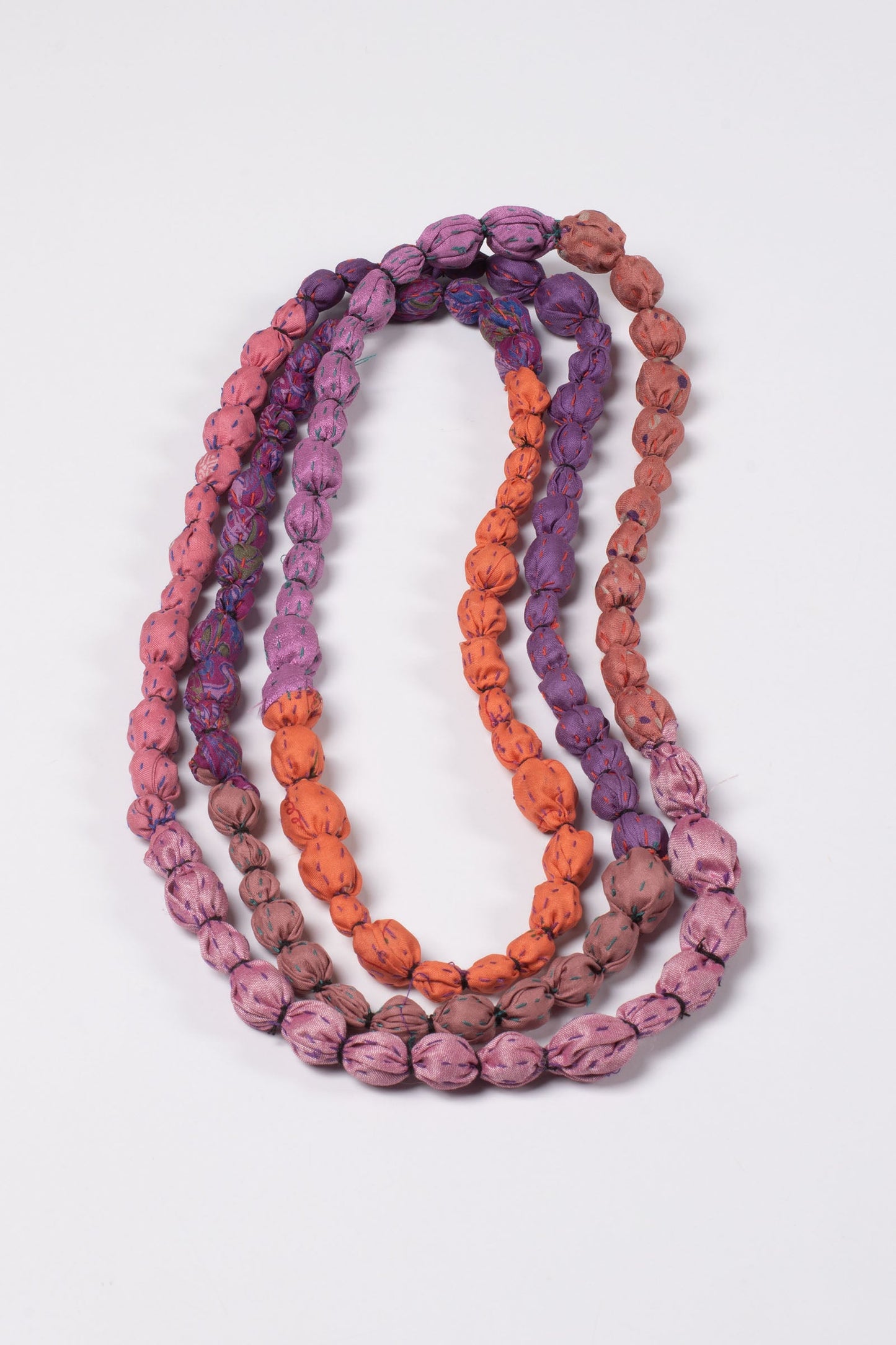 VINTAGE SILK KANTHA TIE BEADS LONG NECKLACE