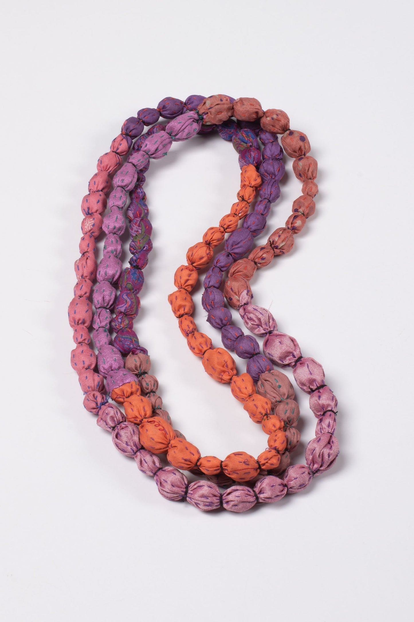 VINTAGE SILK KANTHA TIE BEADS LONG NECKLACE
