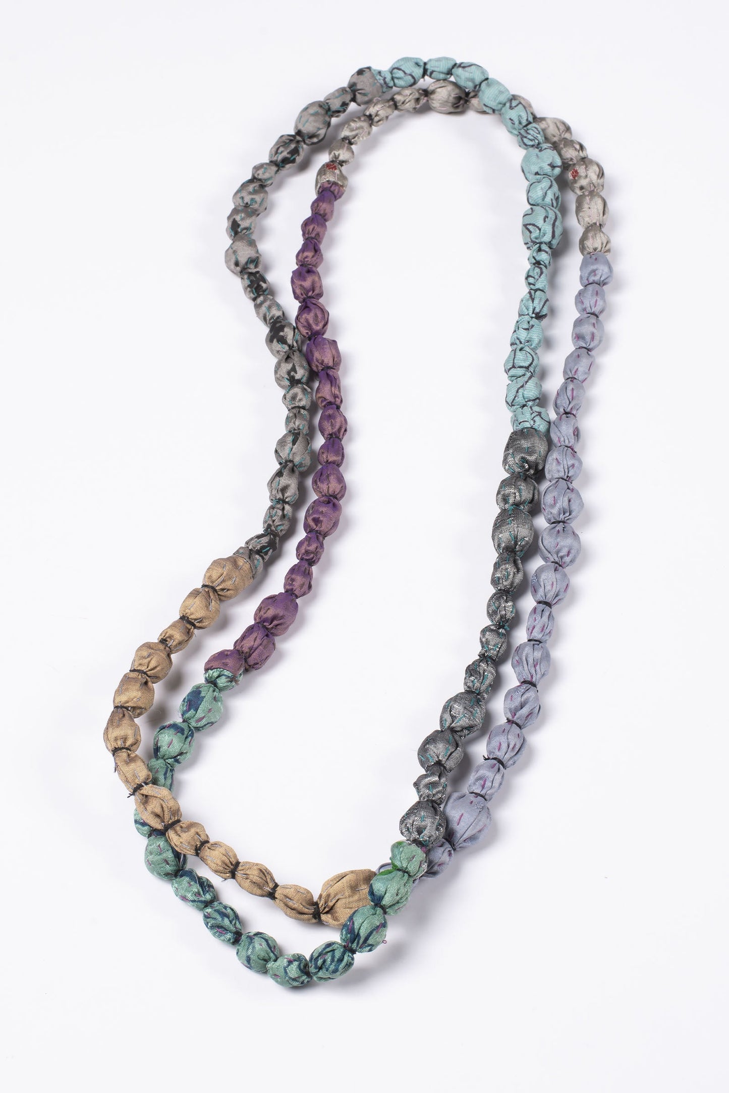 VINTAGE SILK KANTHA TIE BEADS LONG NECKLACE