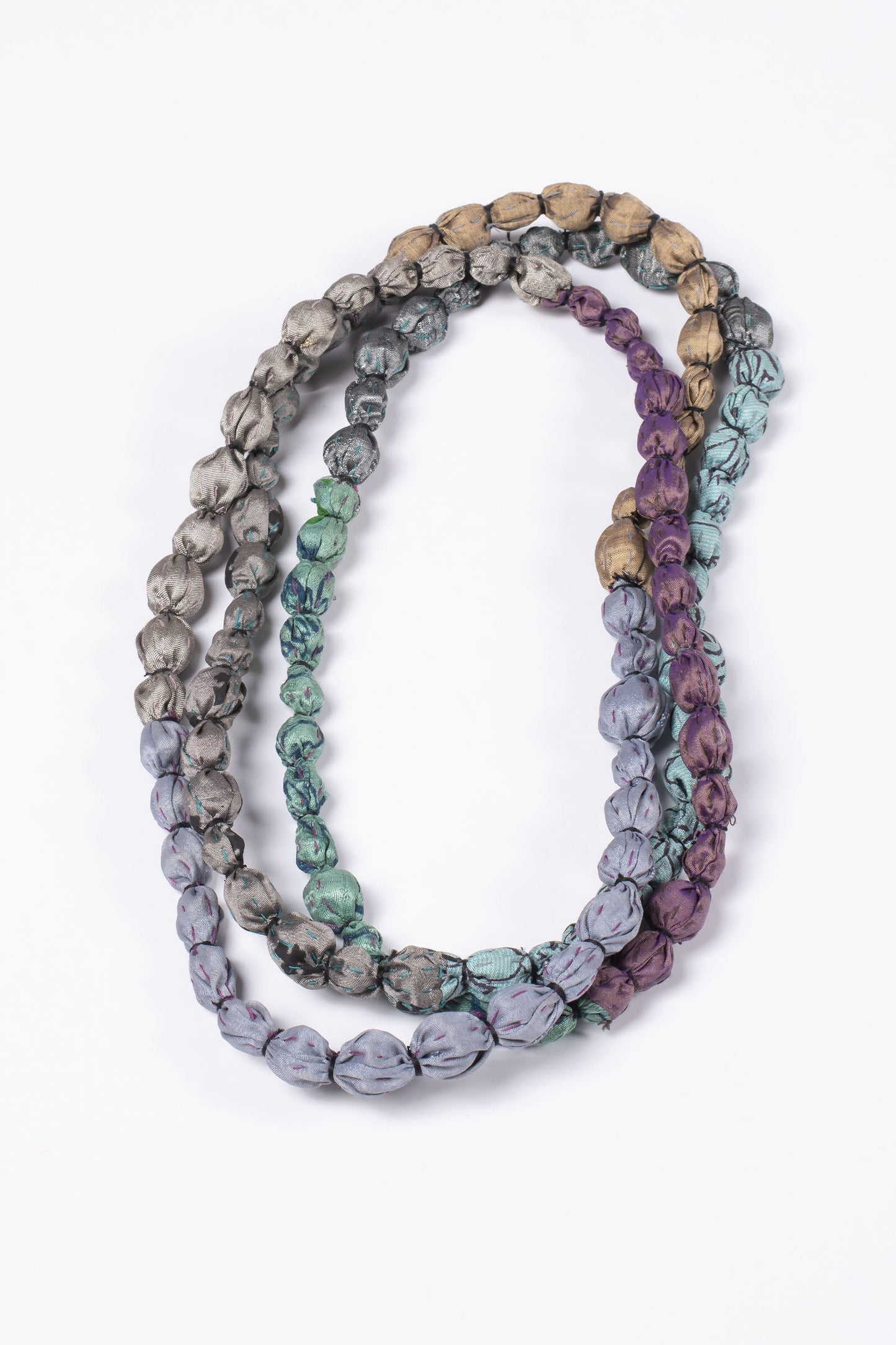 VINTAGE SILK KANTHA TIE BEADS LONG NECKLACE
