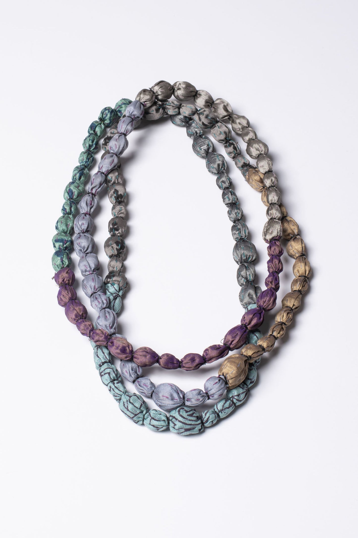 VINTAGE SILK KANTHA TIE BEADS LONG NECKLACE