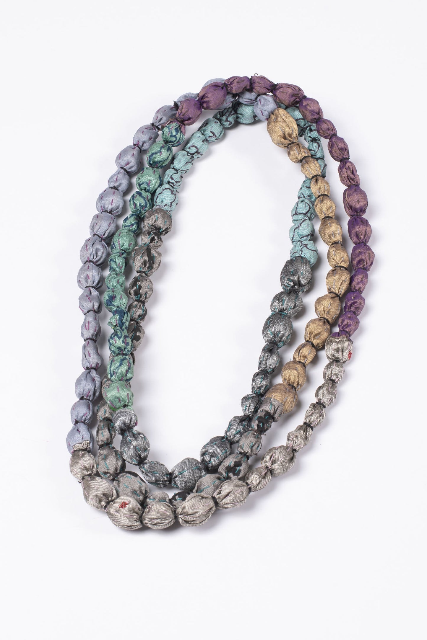 VINTAGE SILK KANTHA TIE BEADS LONG NECKLACE