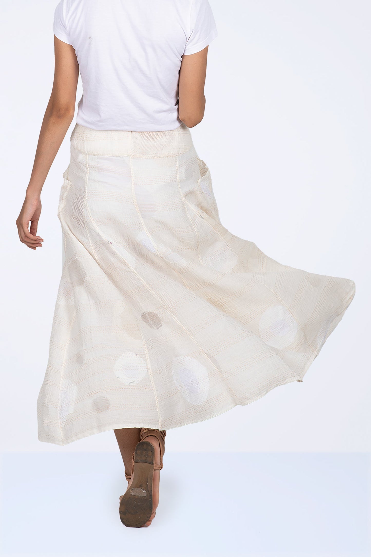 CUT THROUGH DOT AND HOLES KANTHA PANELED FLARE SKIRT
