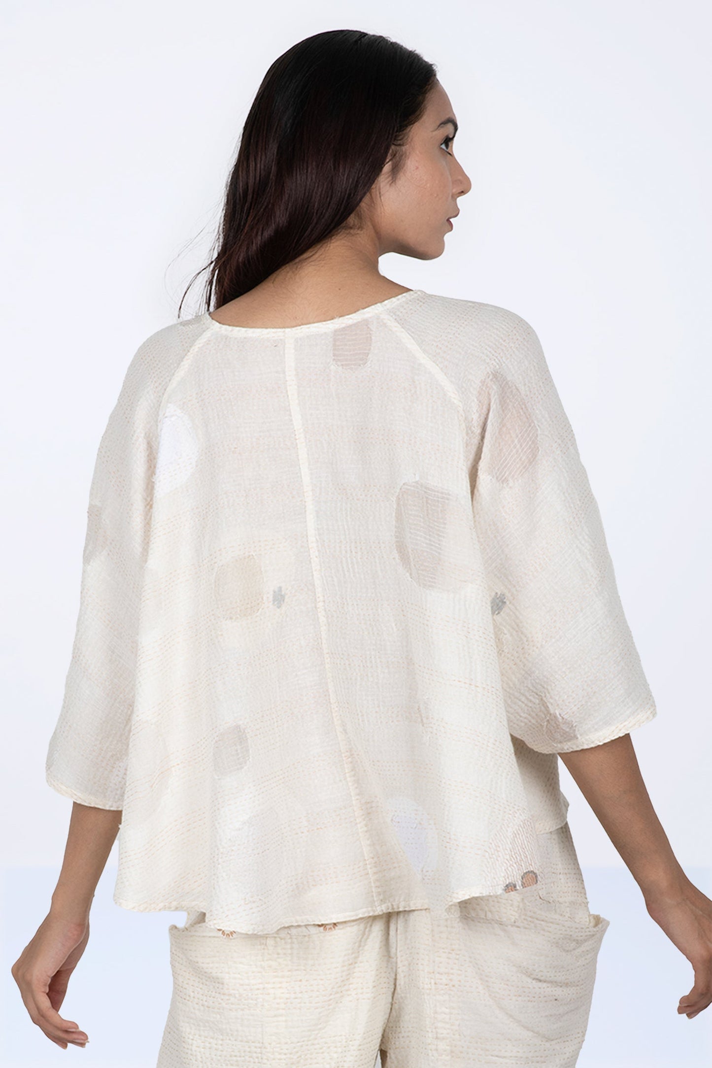 CUT THROUGH DOT AND HOLES KANTHA PUFF SLV. FLARE SHORT TOP