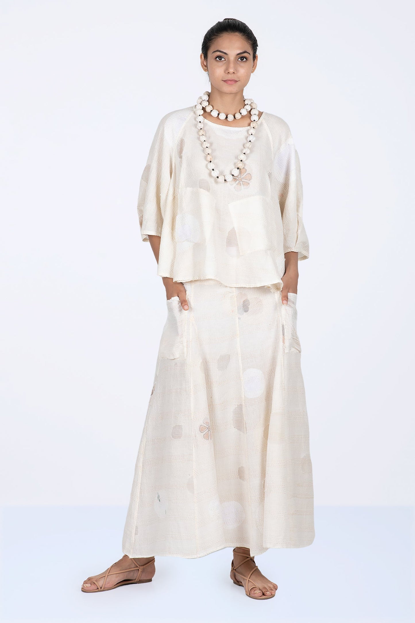 CUT THROUGH DOT AND HOLES KANTHA PANELED FLARE SKIRT
