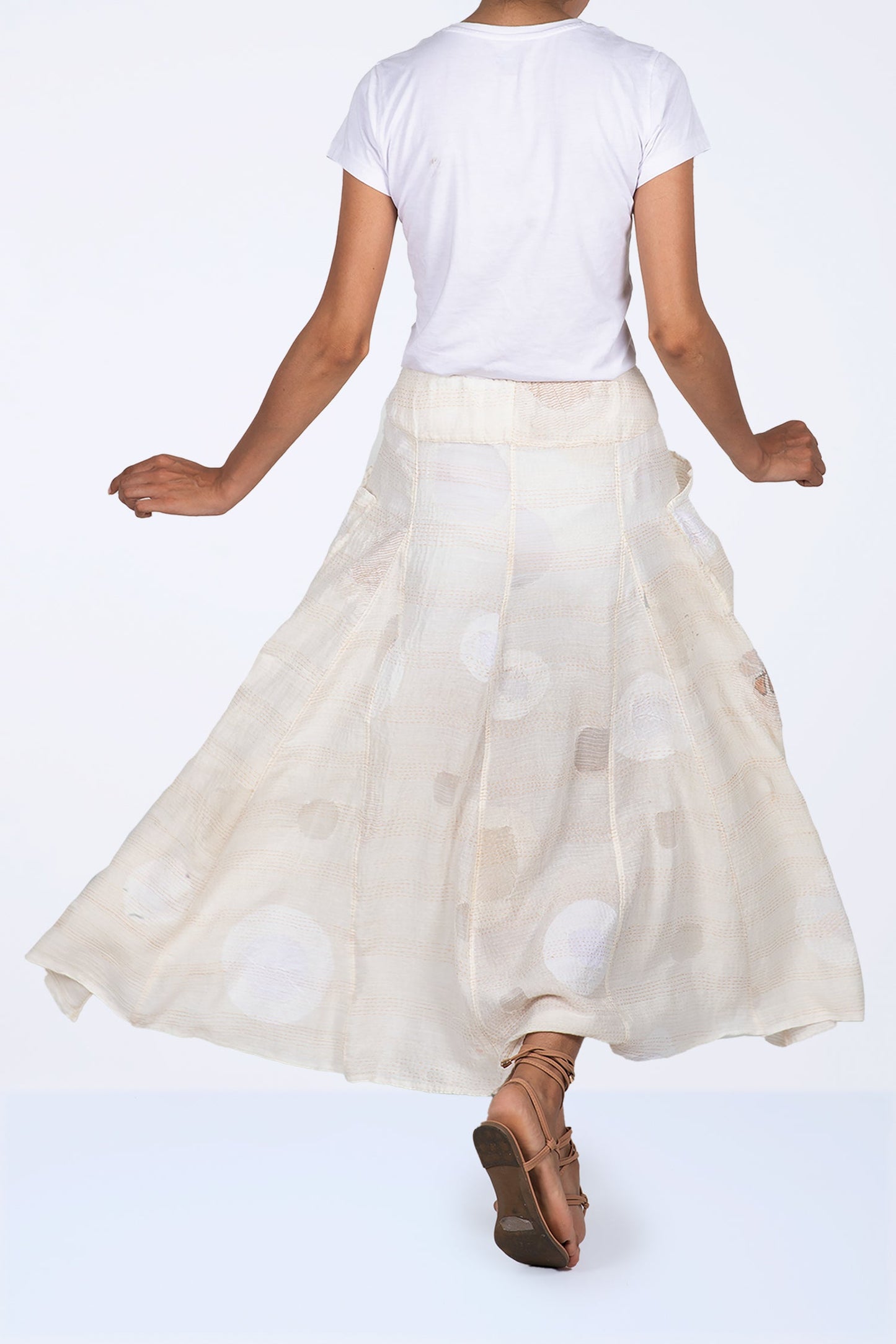 CUT THROUGH DOT AND HOLES KANTHA PANELED FLARE SKIRT