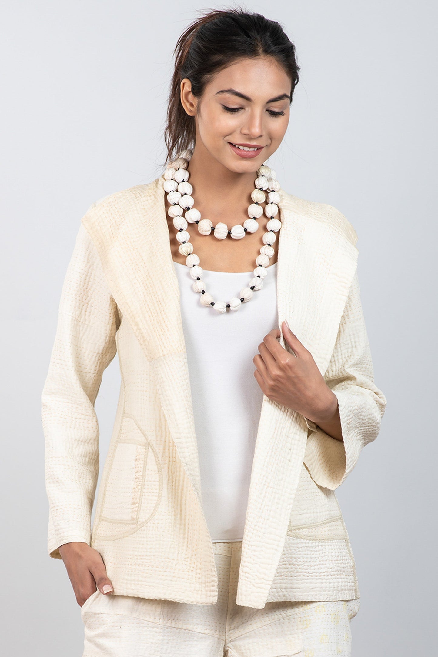 COTTON SILK SW PATCH KANTHA SMALL NUTS LONG NECKLACE