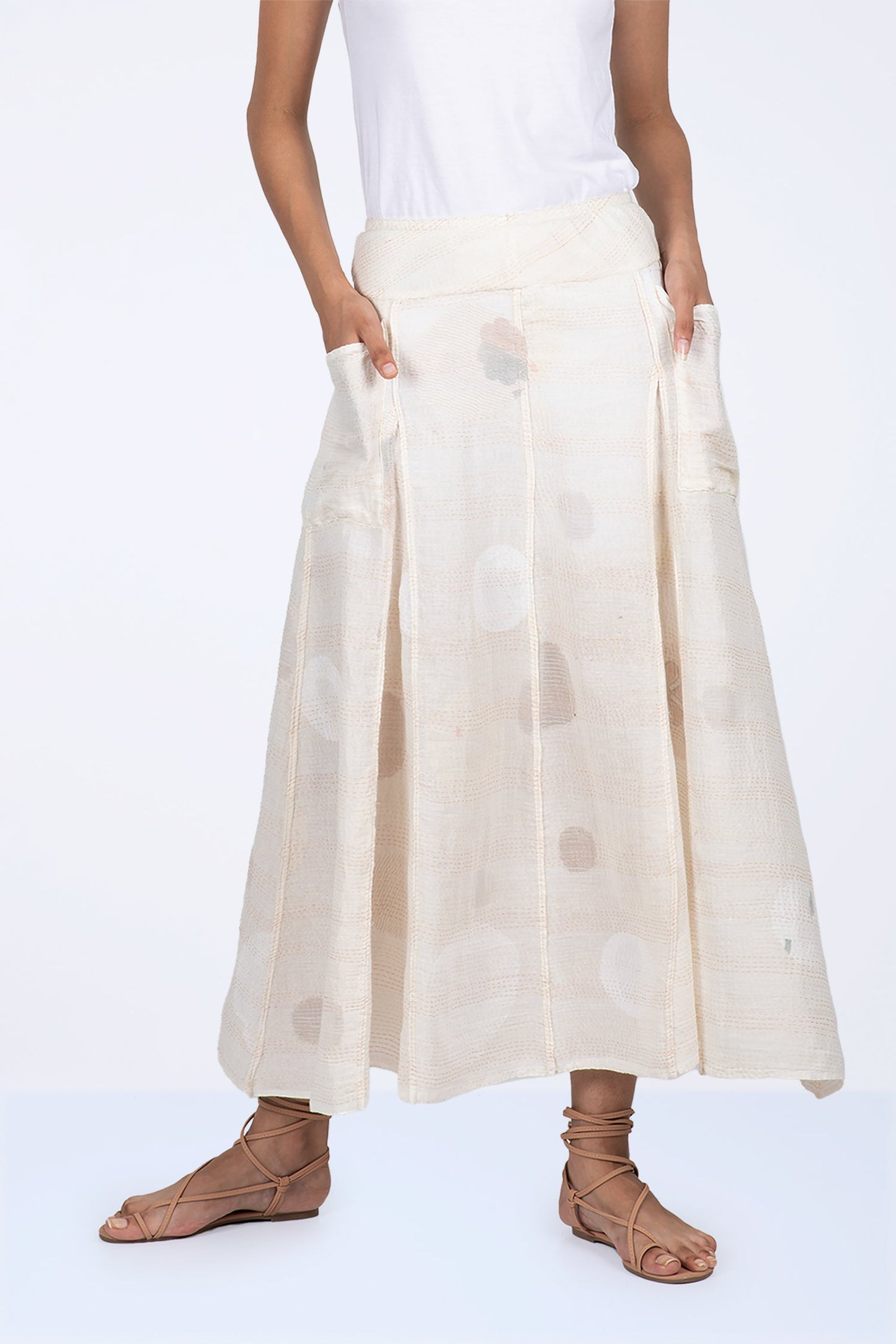 CUT THROUGH DOT AND HOLES KANTHA PANELED FLARE SKIRT