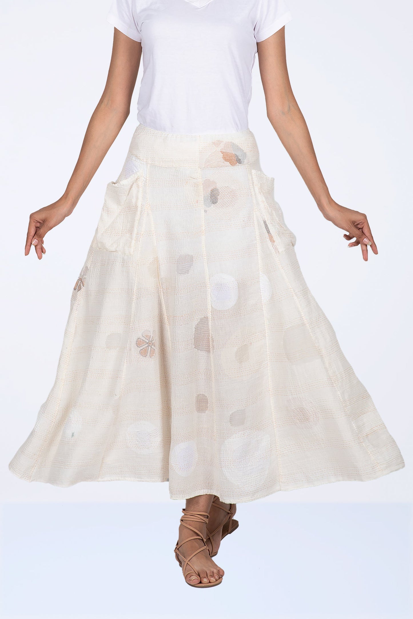 CUT THROUGH DOT AND HOLES KANTHA PANELED FLARE SKIRT