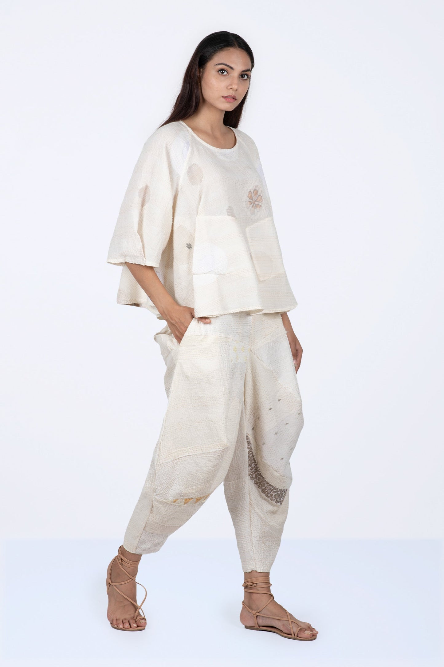CUT THROUGH DOT AND HOLES KANTHA PUFF SLV. FLARE SHORT TOP