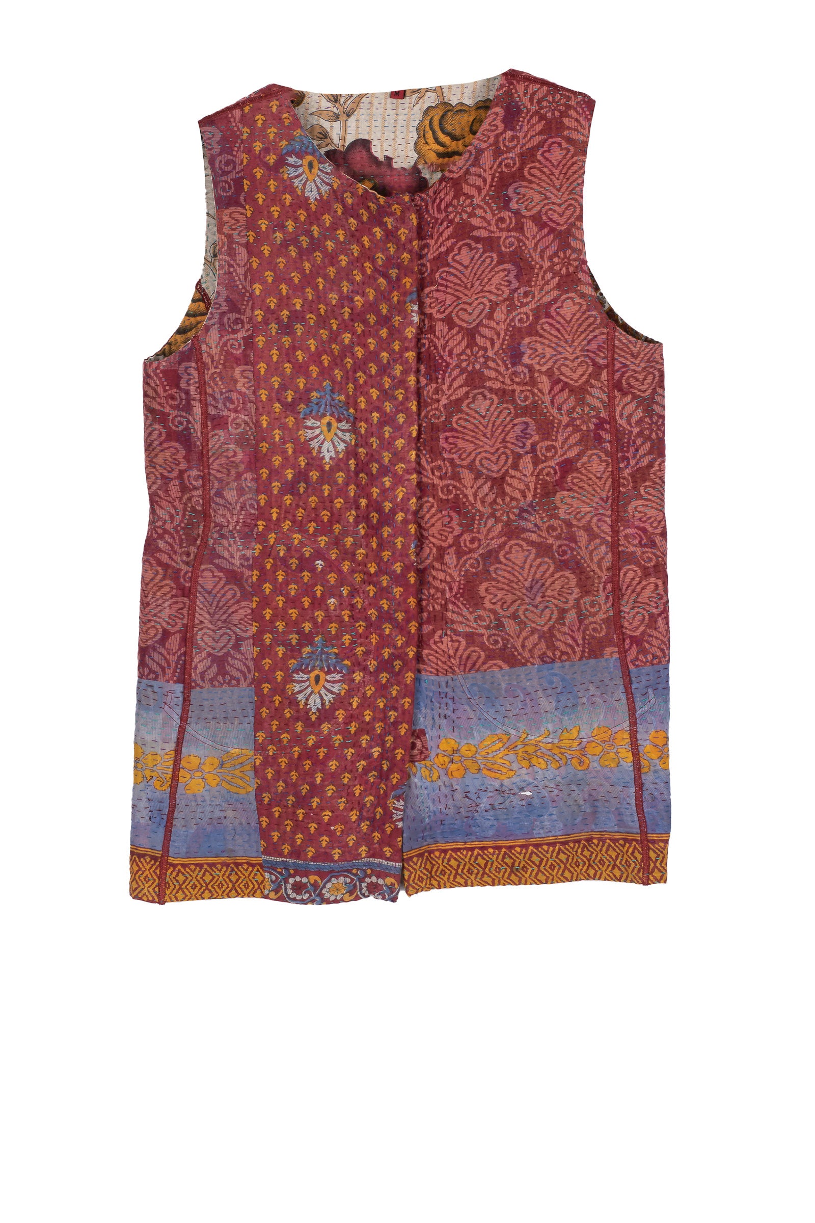 VINTAGE COTTON KANTHA CREW NECK FITTED VEST MEDIUM