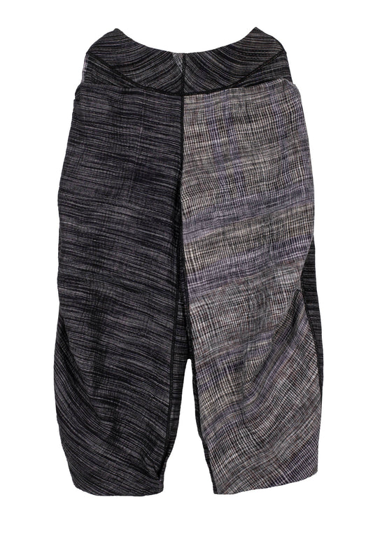 WOVEN IKAT & FRAYED PATCH KANTHA KNEE TUCKED PANTS